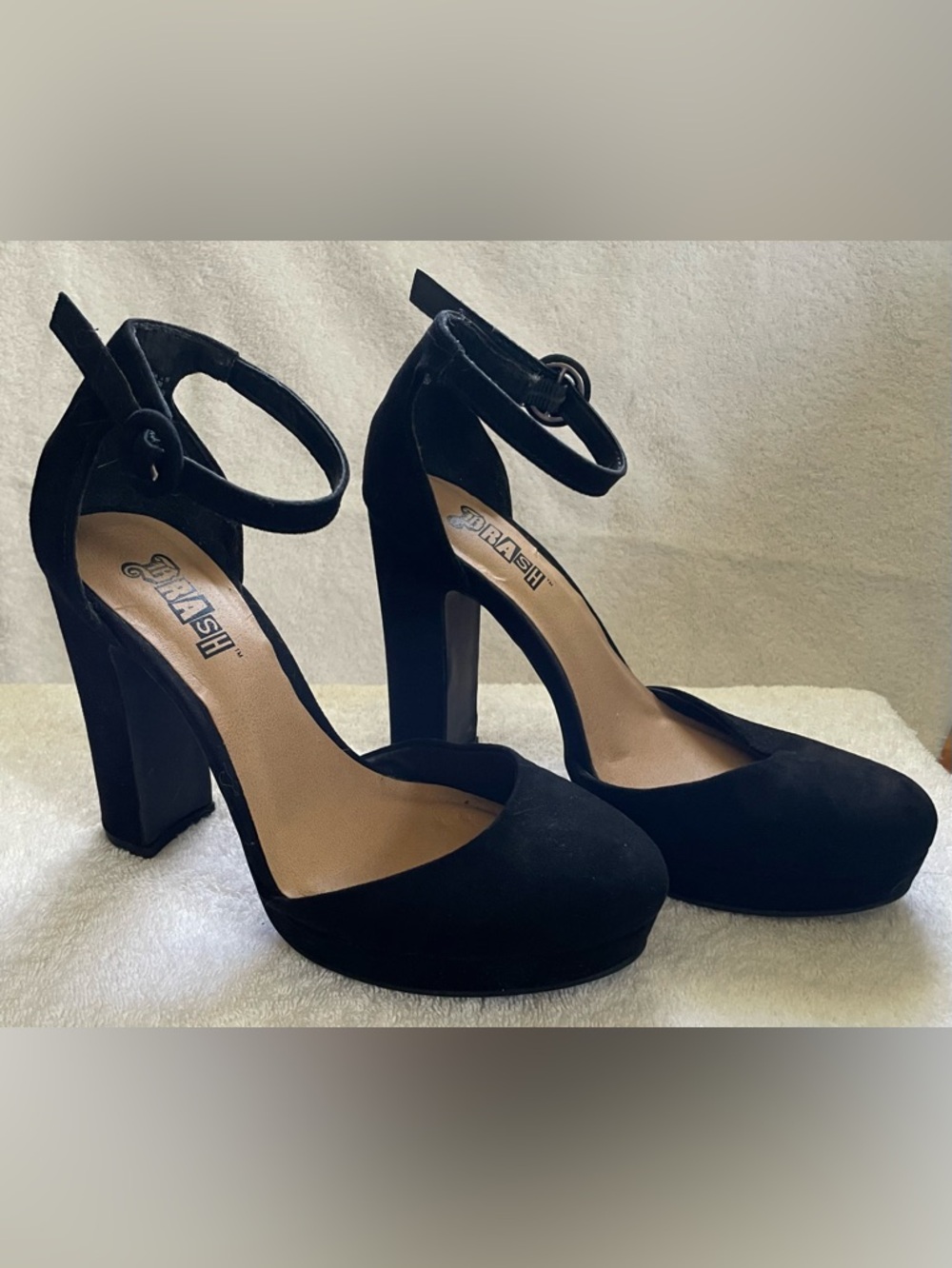 Trash black suede heels, size 5.5.
